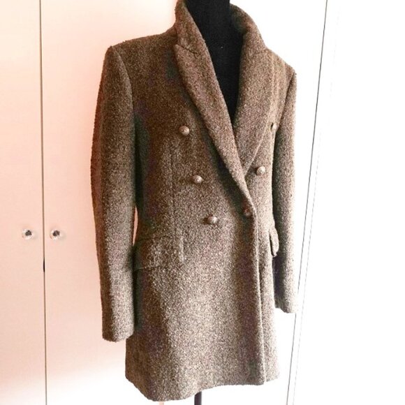 ZARA Long Double -Breasted Boucle Blazer Jacket Green Wool blend - Picture 2 of 10